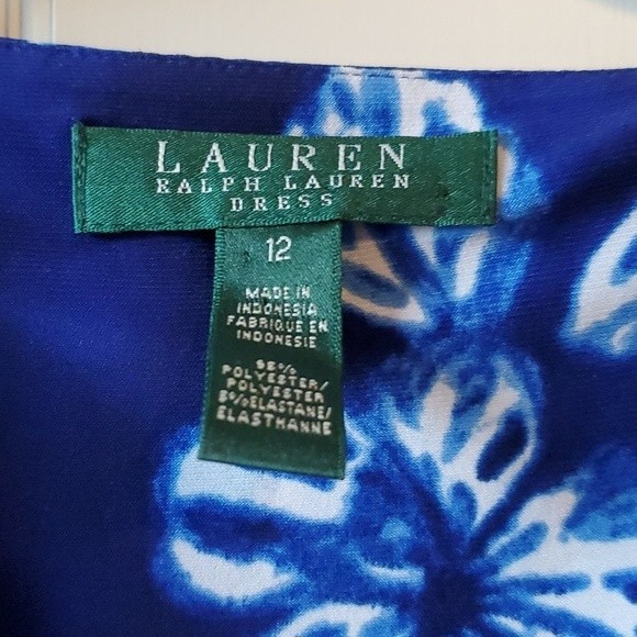 LAUREN RALPH LAUREN BLUE WHITE FLORAL STRETCH KNIT V-NECK RUCHED DRESS SIZE 12 - Picture 2 of 12